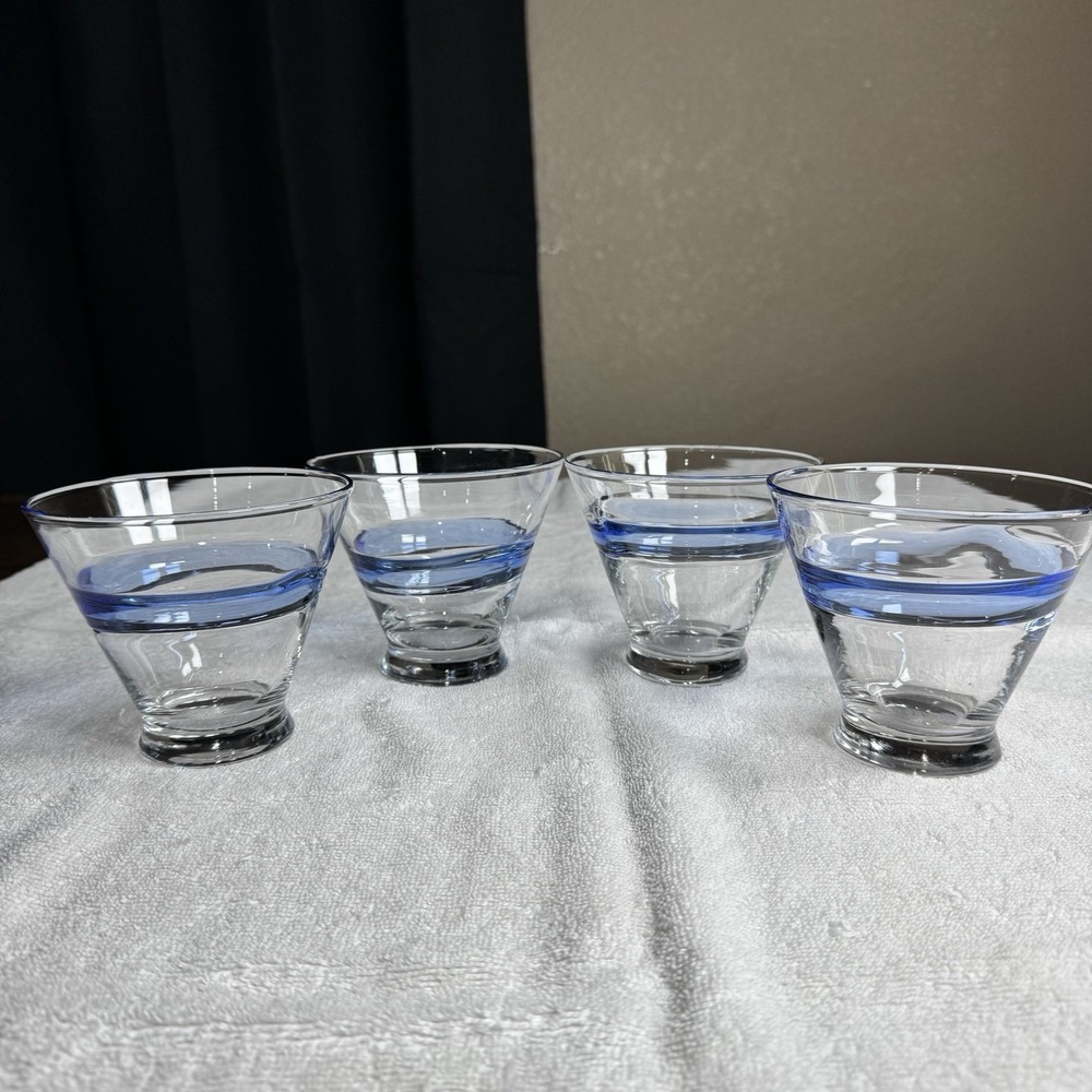 Vtg Murano Crystal Blue Swirl Cocktail Cosmo Stemless Martini Glasses- Set Of 4